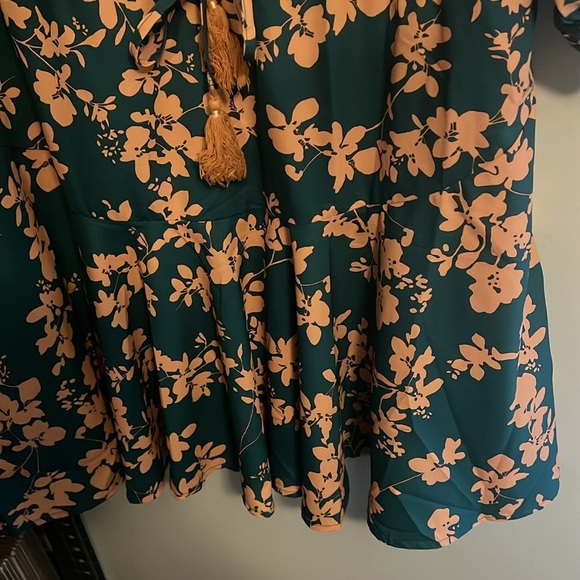 Floral Green and Orange Drop Waist Flowy Peasant Mini Dress - Picture 5 of 7